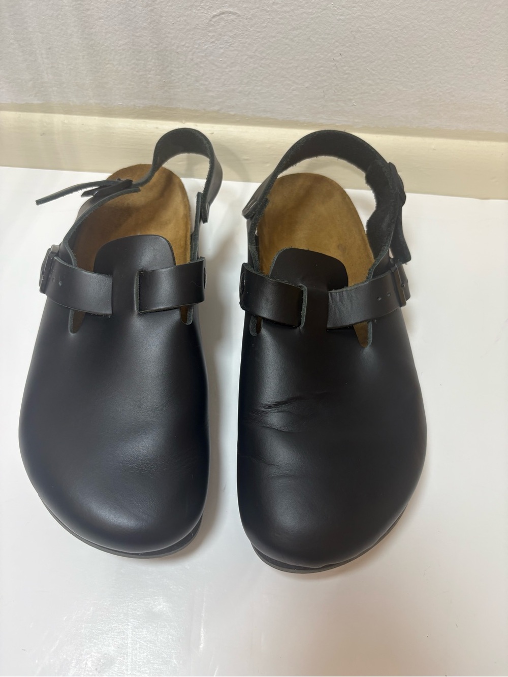 Birkenstock Black Leather Clog with Tan Footbed